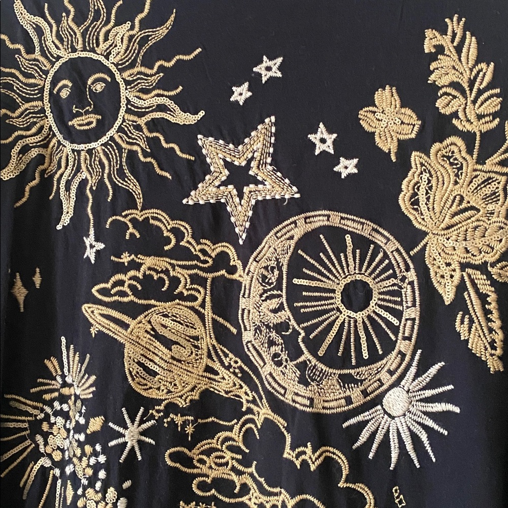 Johnny Was Black Tee with Gold Celestial Embroidery